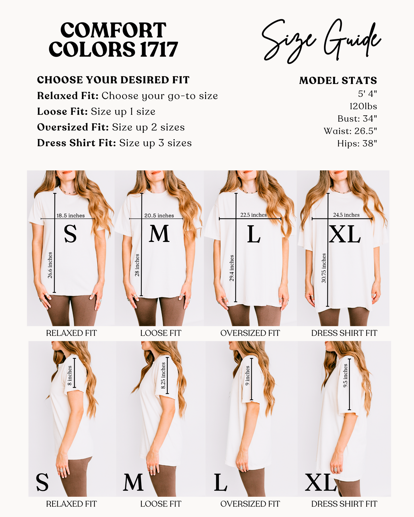 Comfort colors 1717 size chart with women wearing different sizes of white tshirts to show fit