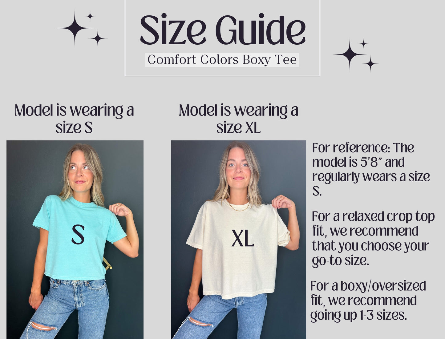 Size guide for Comfort Colors Boxy Tee showing a model wearing size S and XL shirts.