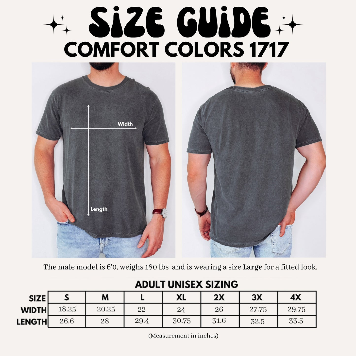 Size guide for a gray t-shirt with measurements and adult unisex sizing chart.