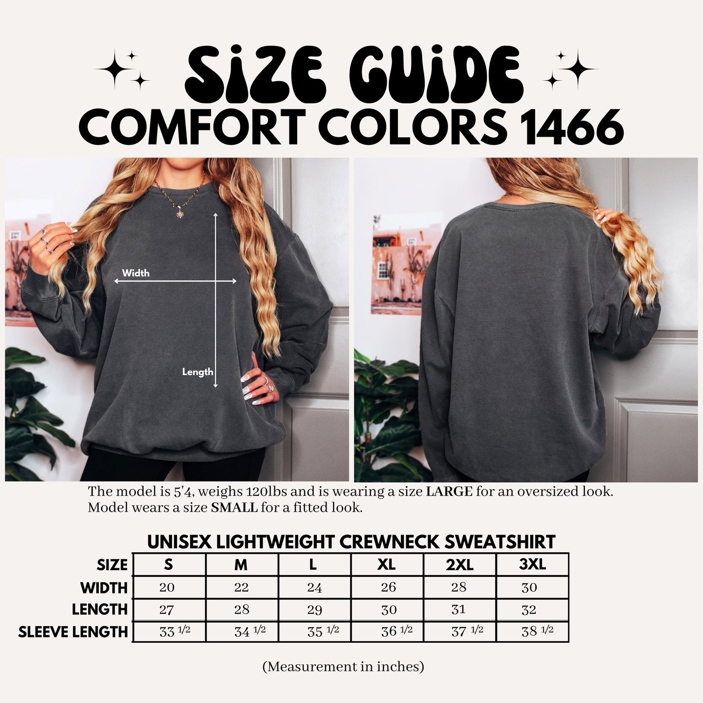 Size guide for a comfort colors 1466 sweatshirt with measurements and model wearing the sweatshirt.
