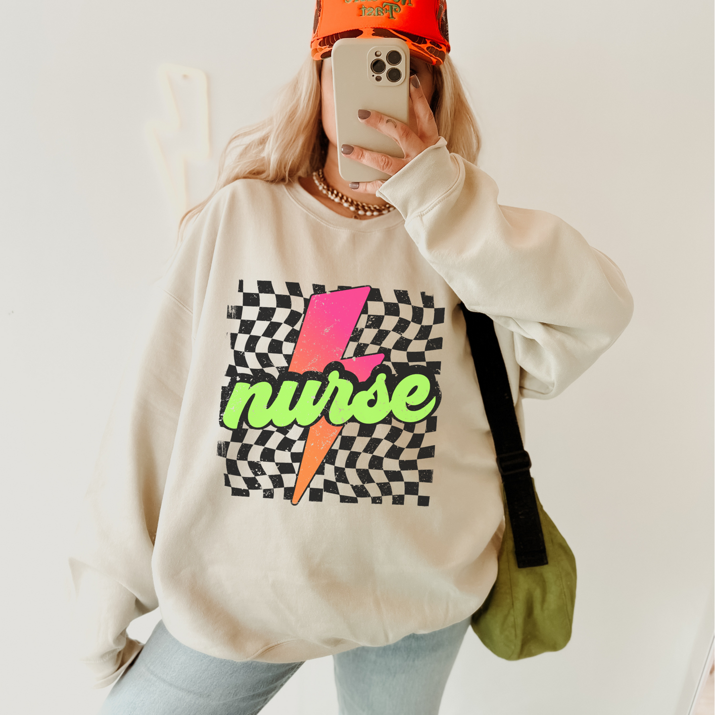 Checkered Neon Lightning Bolt Nurse Sweatshirt