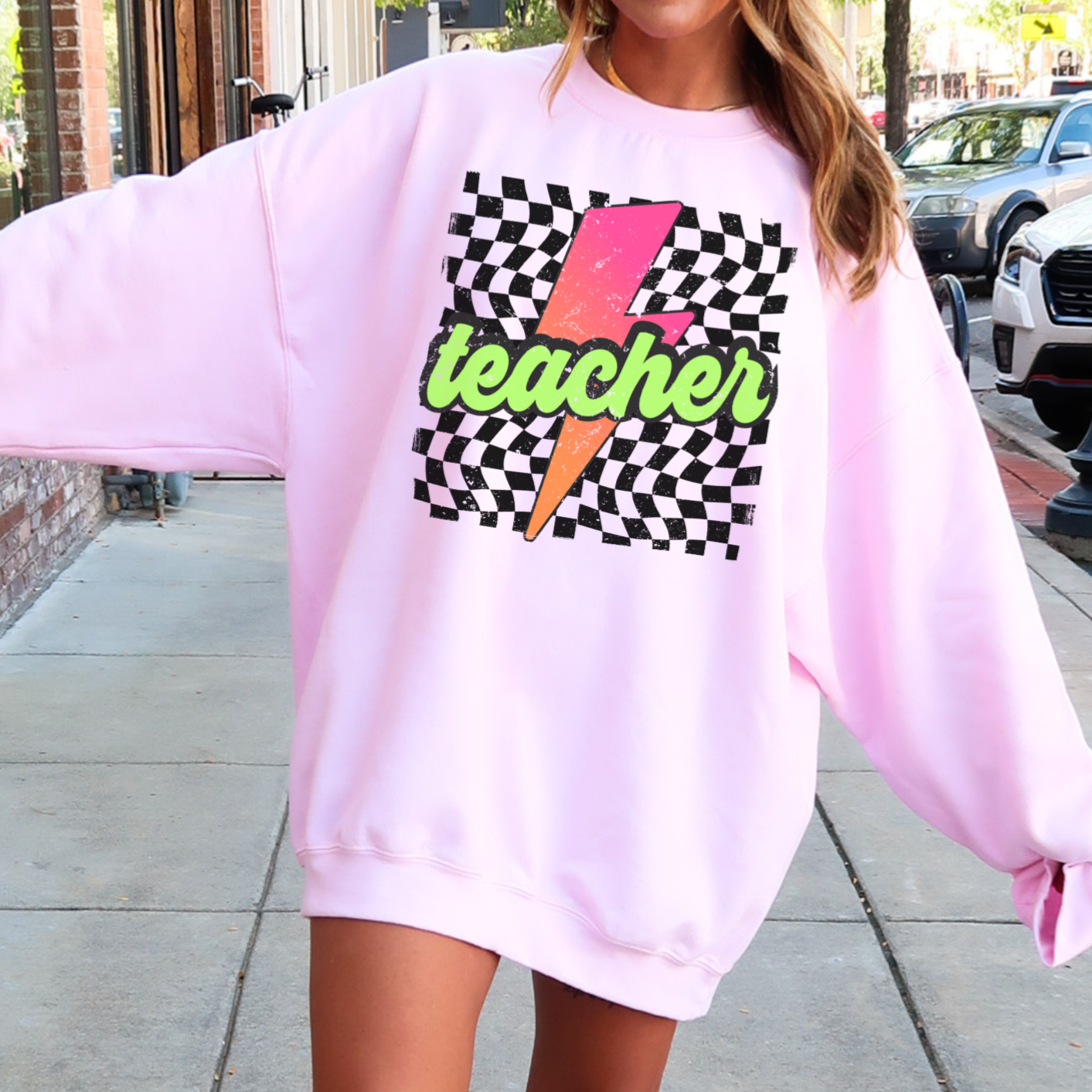Checkered Neon Lightning Bolt Teacher Sweatshirt
