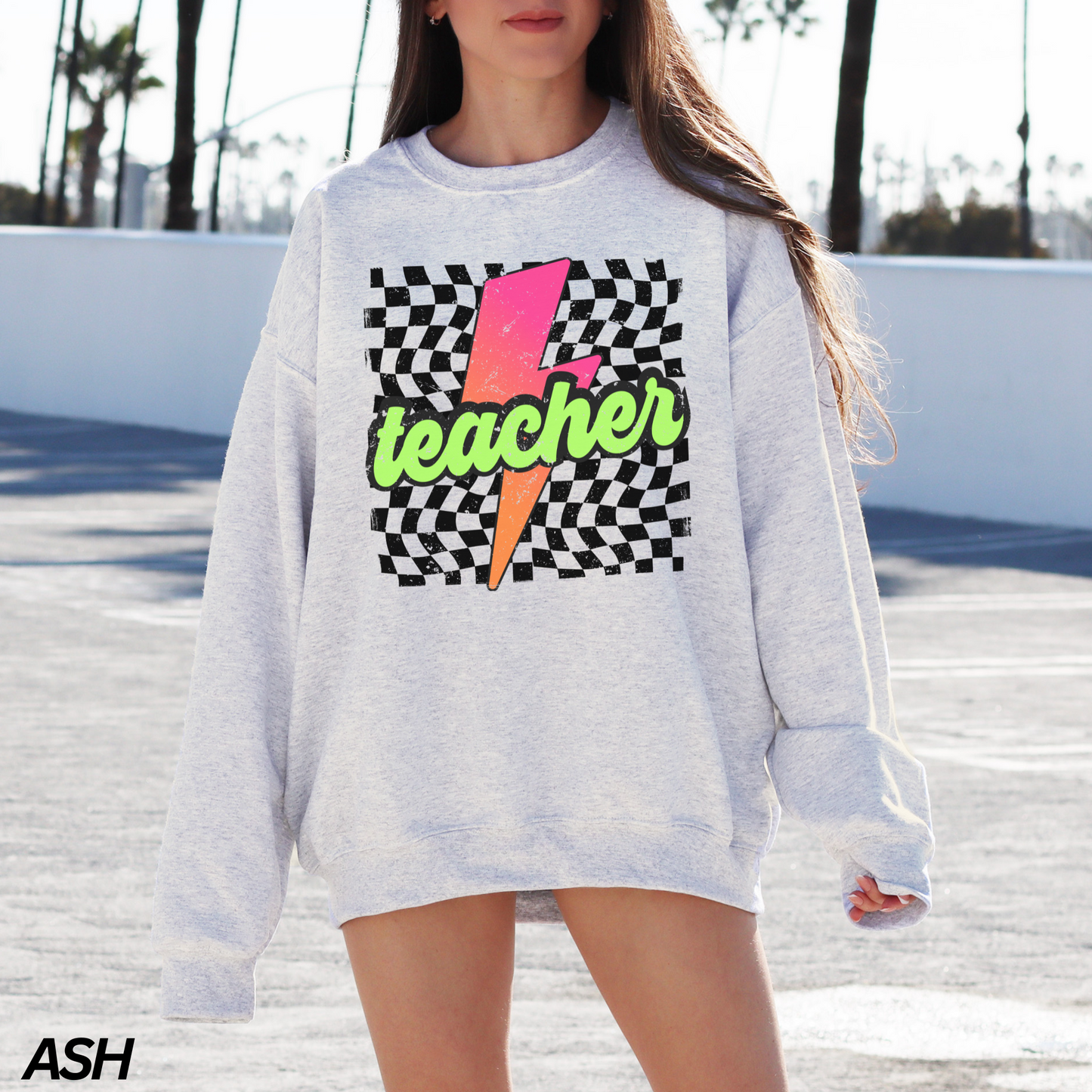 Checkered Neon Lightning Bolt Teacher Sweatshirt