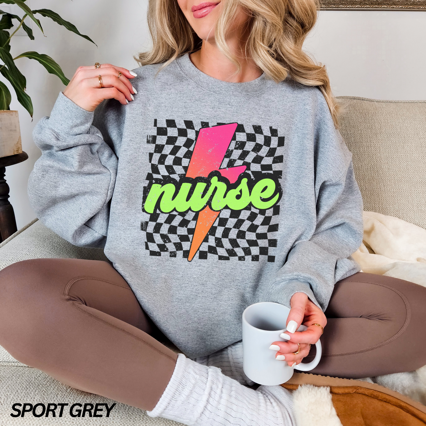 Checkered Neon Lightning Bolt Nurse Sweatshirt
