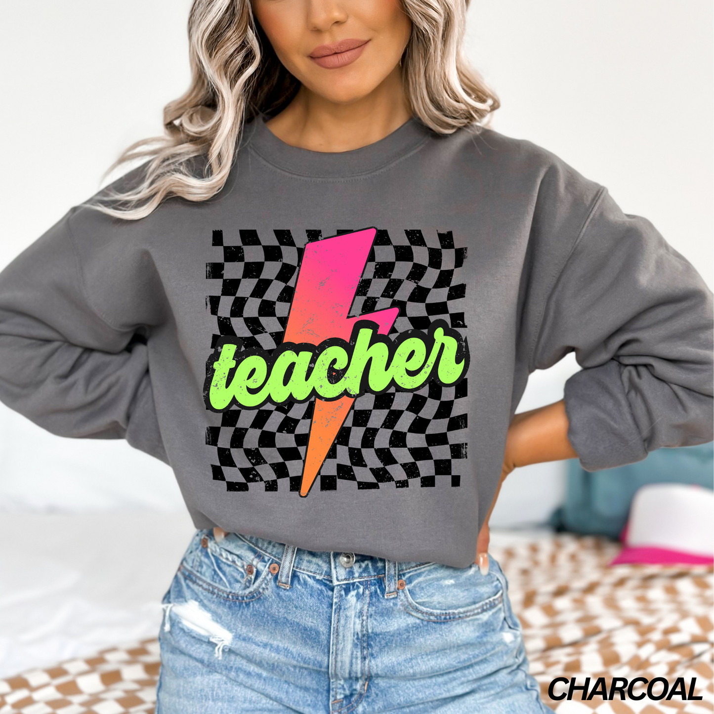 Checkered Neon Lightning Bolt Teacher Sweatshirt