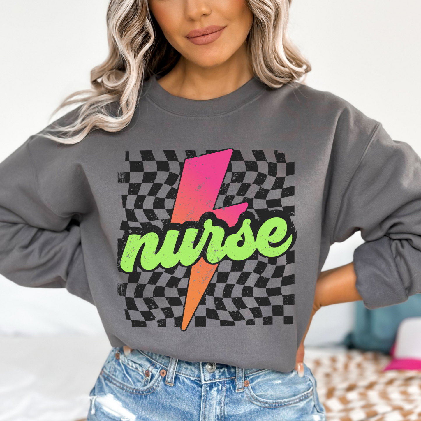 Checkered Neon Lightning Bolt Nurse Sweatshirt