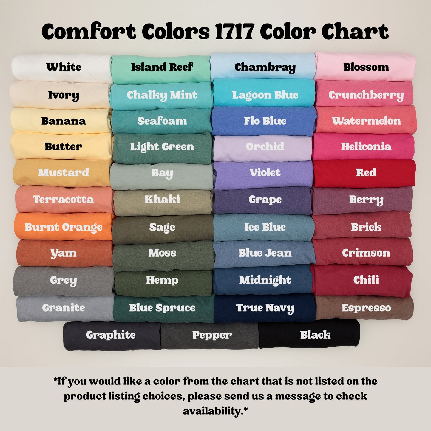 Comfort colors color chart showing a stack of folded shirts in different colors and labeled for each one