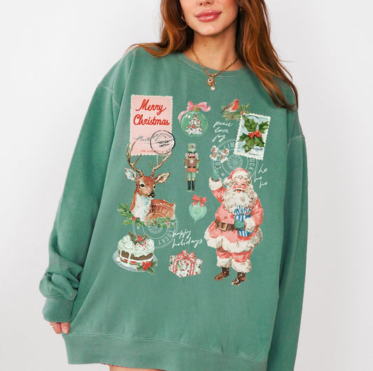 Green sweatshirt with Christmas-themed graphics worn by a model on a white background