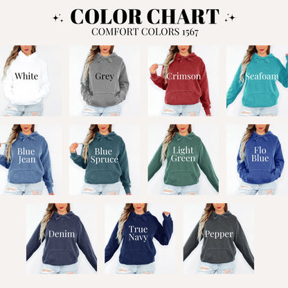 Color chart for Comfort Colors 1567 with various hoodies labeled by color.