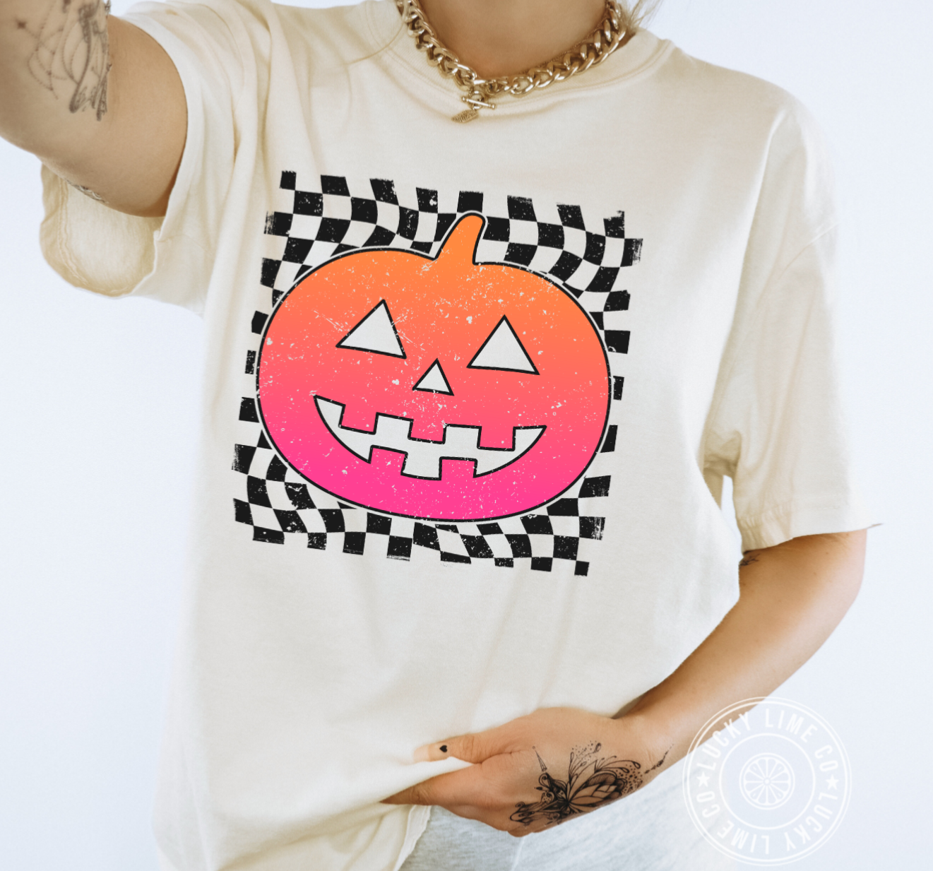 Neon Checkered Pumpkin T-shirt