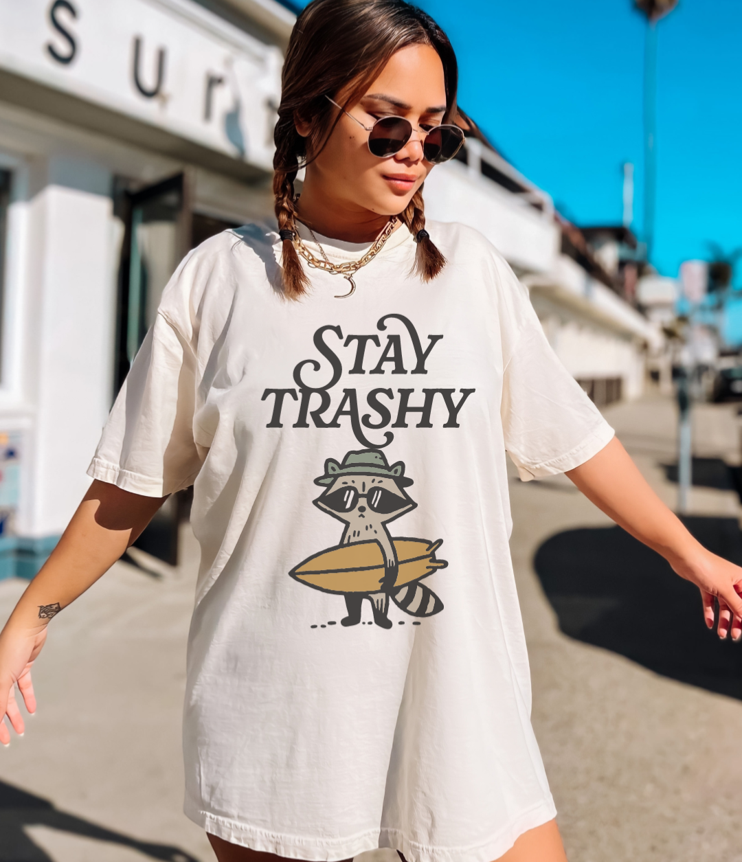 Stay Trashy Surfing Raccoon T-shirt