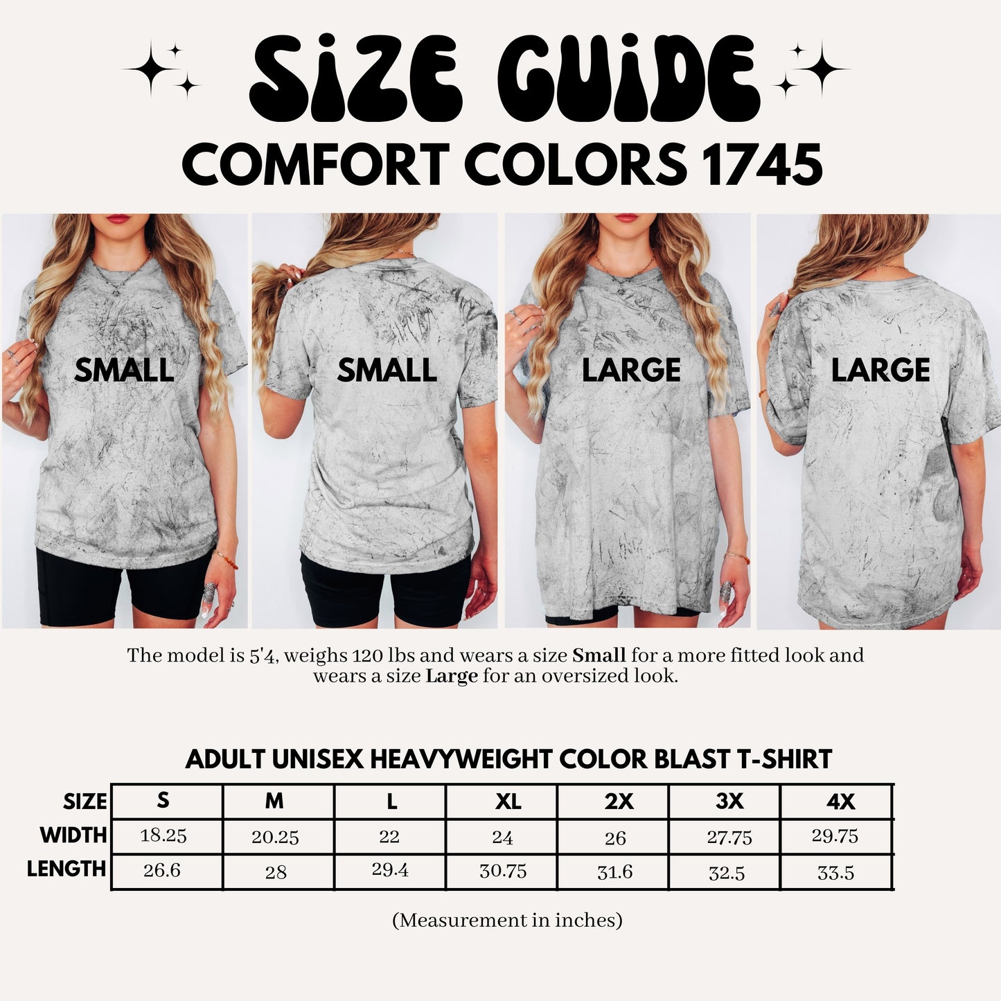 Size guide graphic for a Comfort Colors 1745 adult unisex heavyweight color blast t-shirt. The top half shows four models (front, back, and side views of small and large sizes) wearing the gray marbled t-shirt.