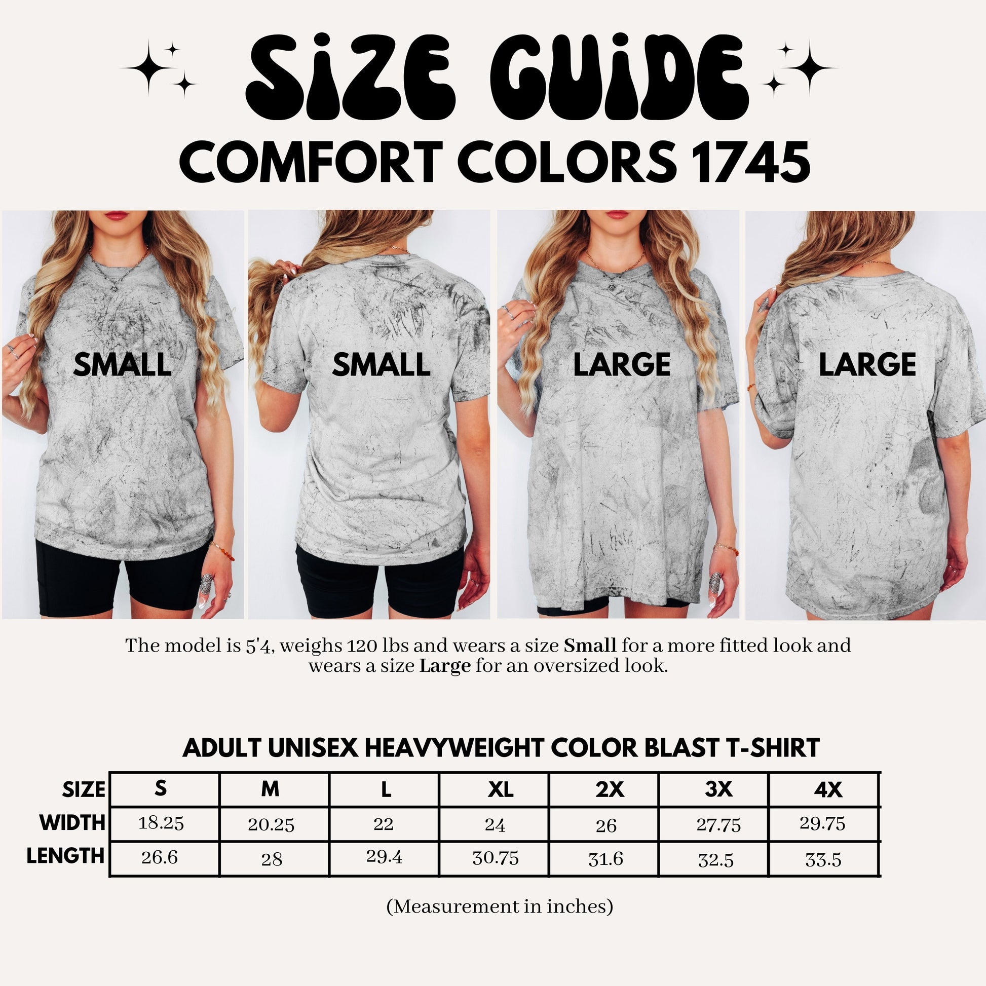 Size guide graphic for a Comfort Colors 1745 adult unisex heavyweight color blast t-shirt. The top half shows four models (front, back, and side views of small and large sizes) wearing the gray marbled t-shirt.