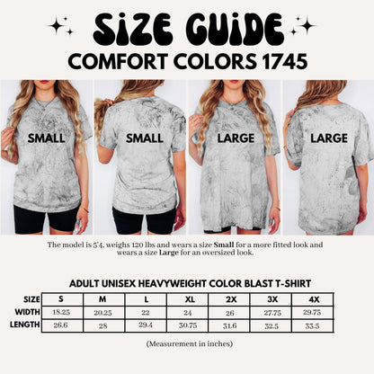 Size guide graphic for a Comfort Colors 1745 adult unisex heavyweight color blast t-shirt. The top half shows four models (front, back, and side views of small and large sizes) wearing the gray marbled t-shirt.