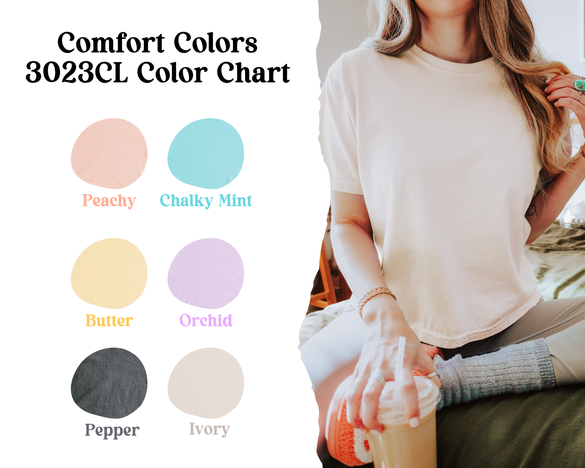 Color chart for Comfort Colors 3023CL with a person wearing a white shirt.