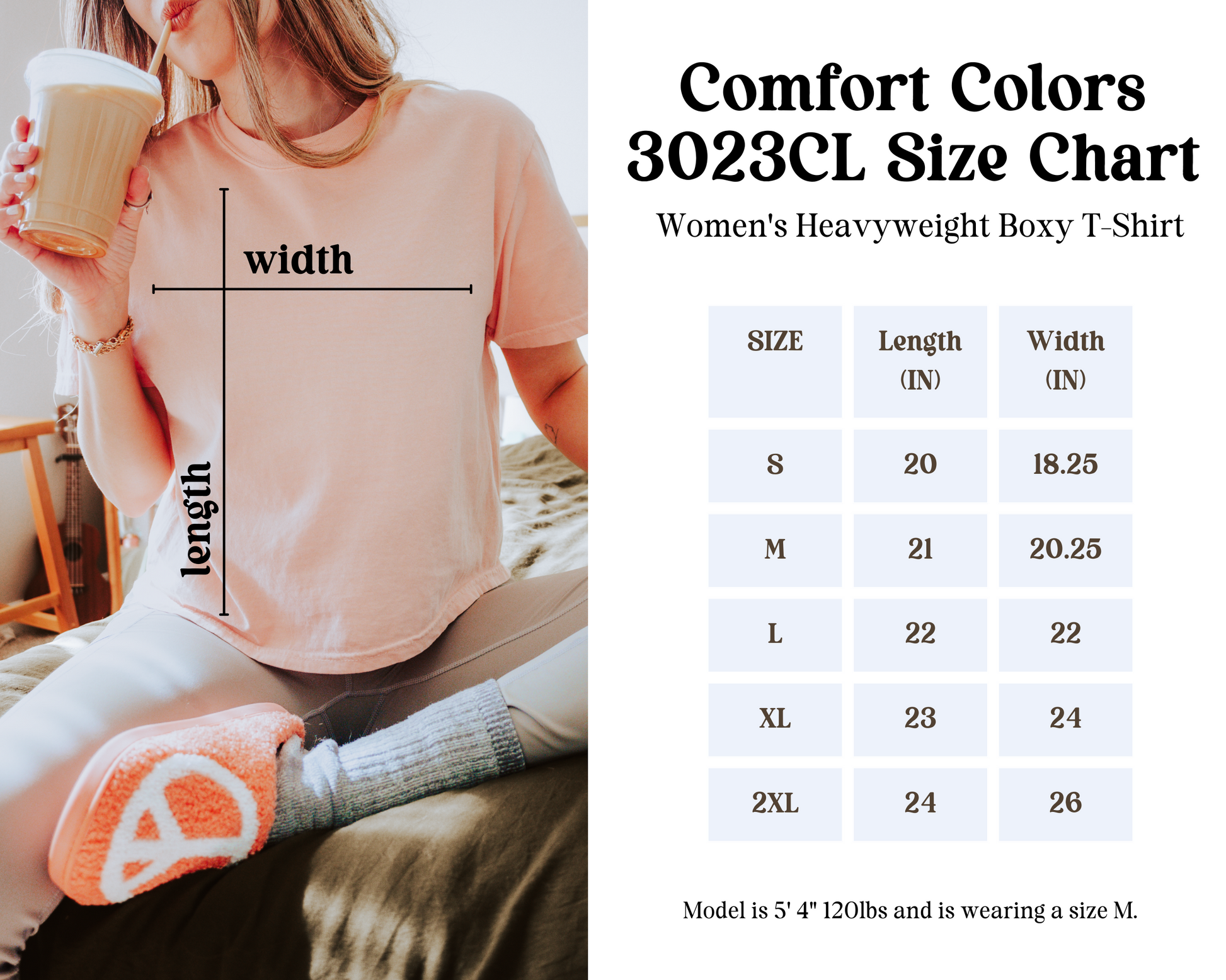 Woman wearing a peach t-shirt with a size chart on the right side.