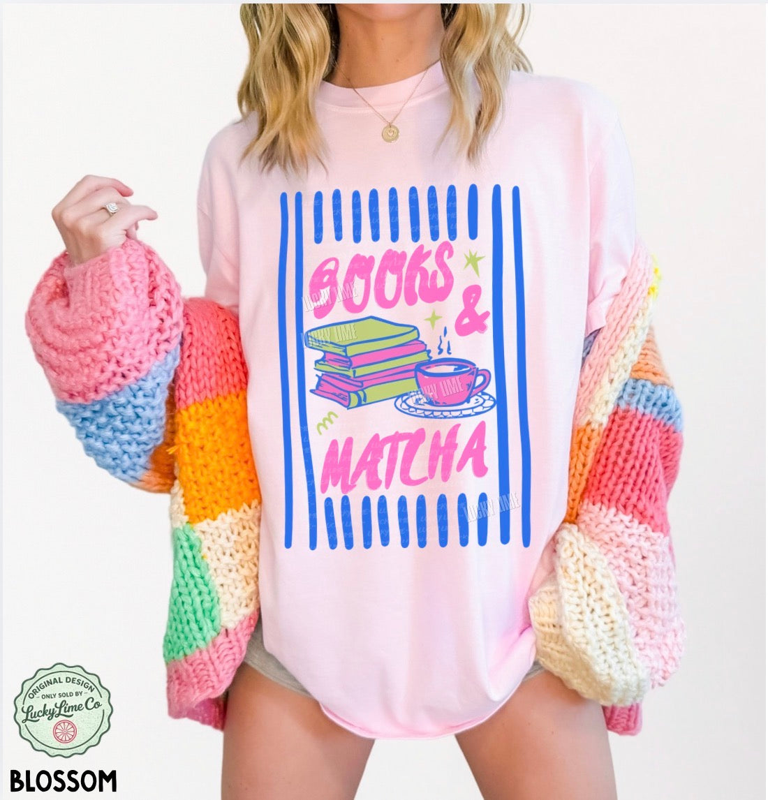 Person wearing a pink shirt with 'Books & Matcha' text design.