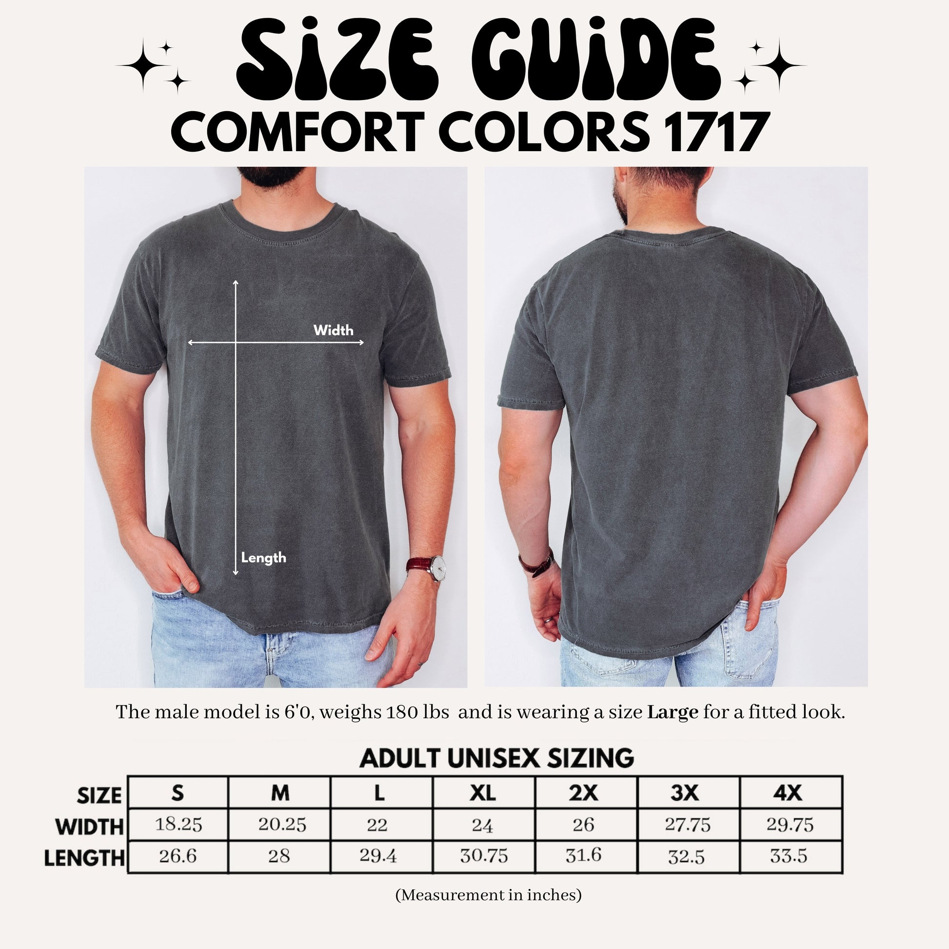 Size guide for 1717 comfort colors t-shirt with measurements and adult unisex sizing chart.