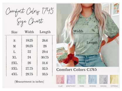 A size chart graphic for Comfort Colors t-shirt color 1745, showing a measurement table on the left and a model wearing a sage green tie-dye t-shirt on the right with labeled width and length measurements.