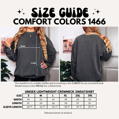 Size guide for a comfort colors 1466 sweatshirt with measurements and model wearing the sweatshirt.