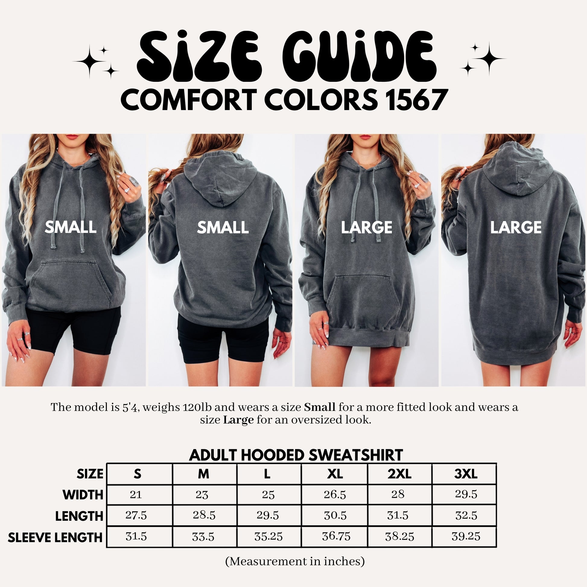Size guide for comfort colors 1567 hoodies with measurements and model wearing the hoodies in different sizes.