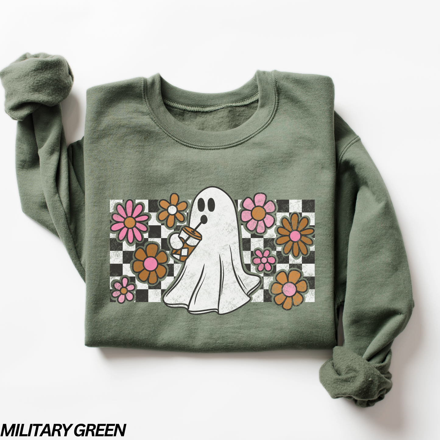 Checkered Iced Coffee Ghost Crewneck Sweatshirt