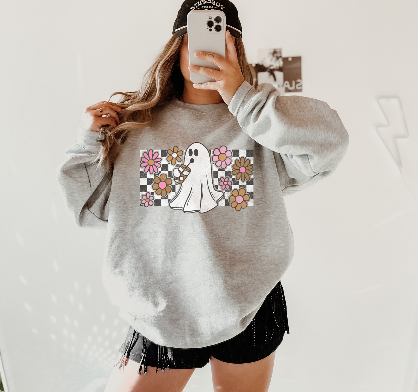 Checkered Iced Coffee Ghost Crewneck Sweatshirt