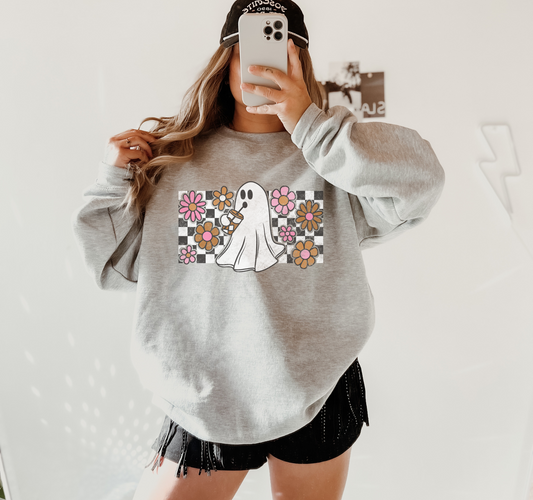 Checkered Iced Coffee Ghost Crewneck Sweatshirt