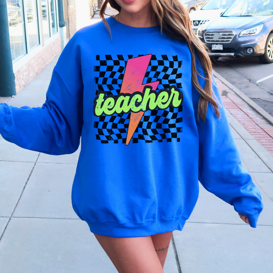 Checkered Neon Lightning Bolt Teacher Sweatshirt