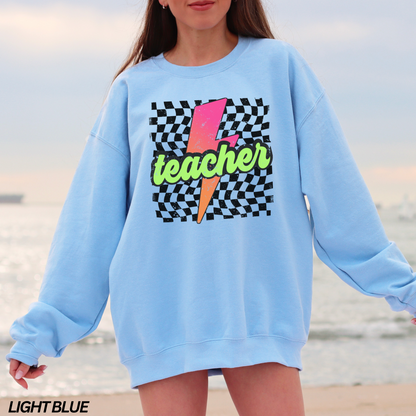 Checkered Neon Lightning Bolt Teacher Sweatshirt