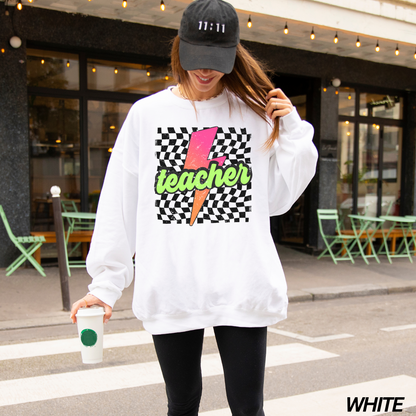 Checkered Neon Lightning Bolt Teacher Sweatshirt