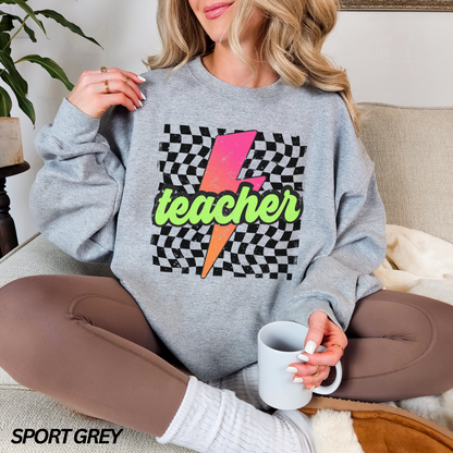 Checkered Neon Lightning Bolt Teacher Sweatshirt