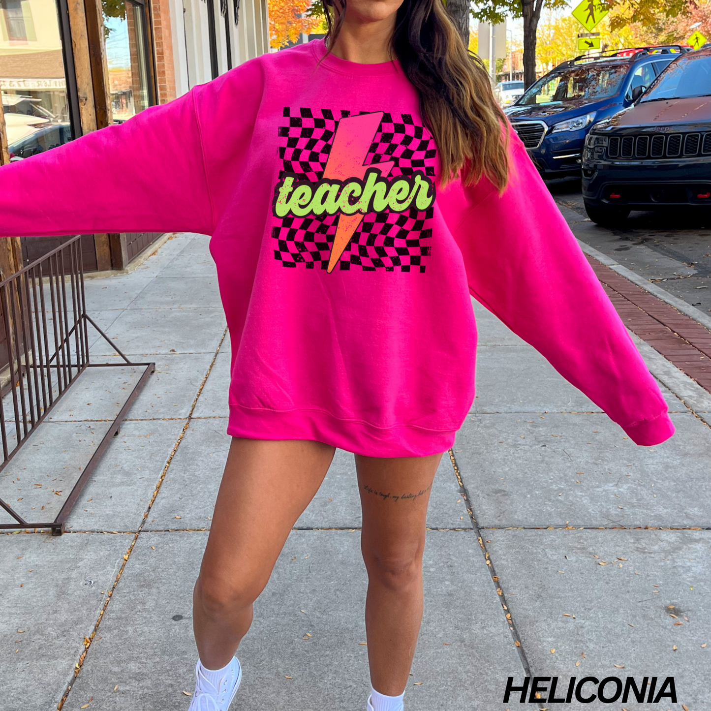 Checkered Neon Lightning Bolt Teacher Sweatshirt