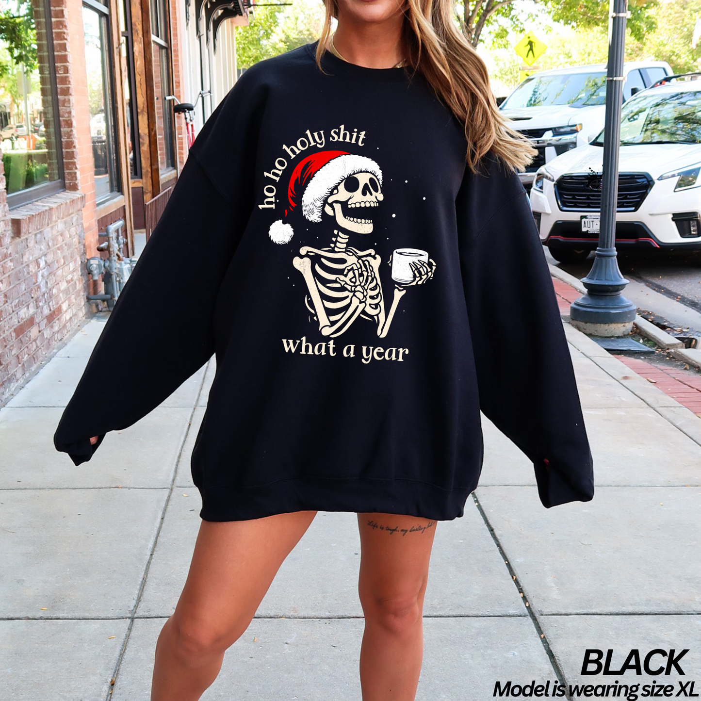 Ho Ho Holy Shit What a Year Santa Skeleton Crewneck Sweatshirt