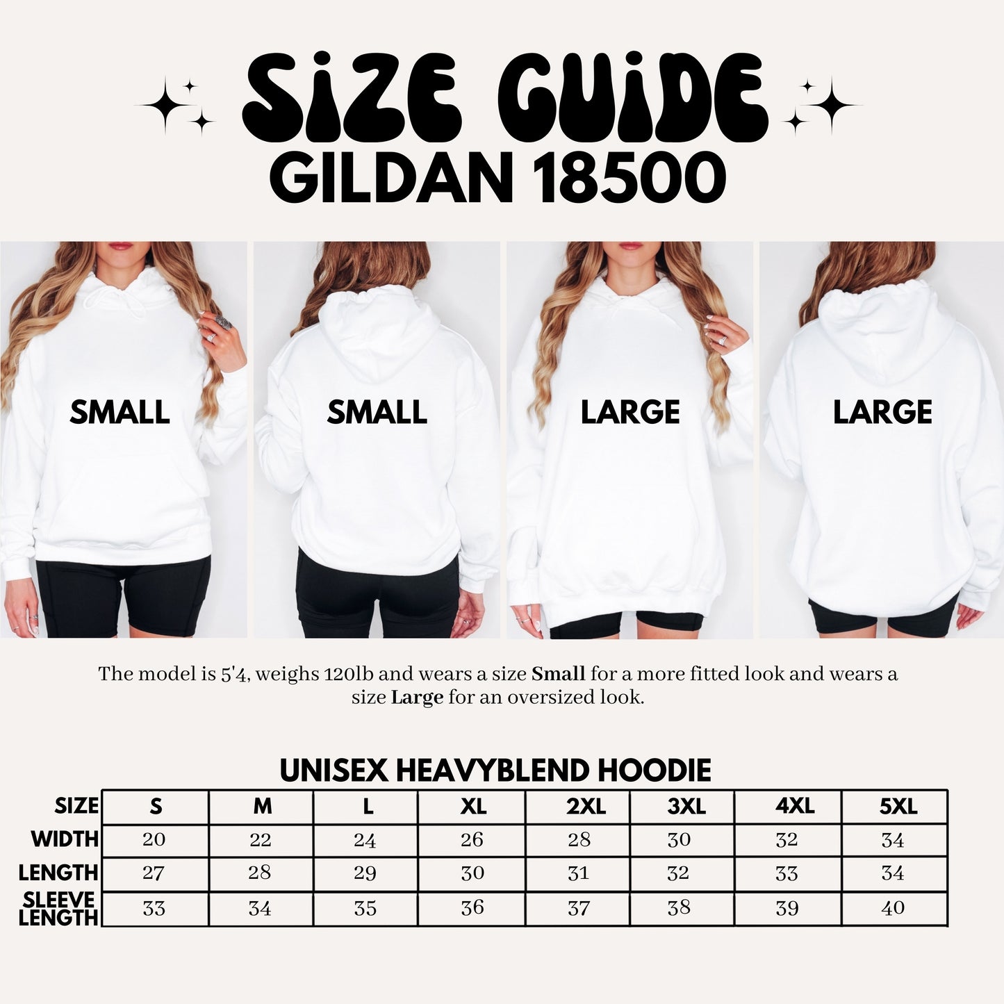 Size guide for Gildan 18500 hoodie with models wearing different sizes.
