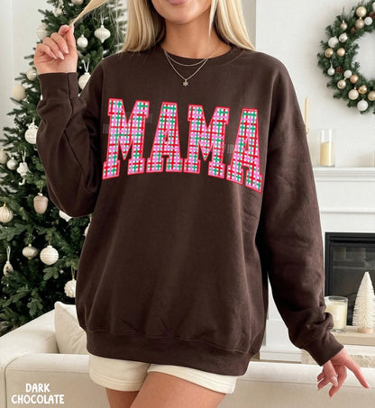 Varsity Mama Pink Plaid Christmas Crewneck Sweatshirt