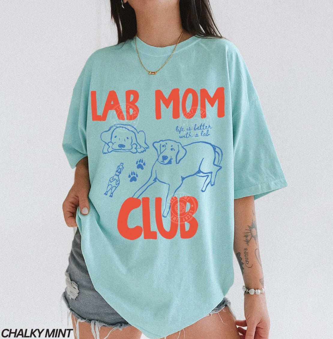 Light blue t-shirt with 'Lab Mom Club' text and dog graphics worn by a person on a white background