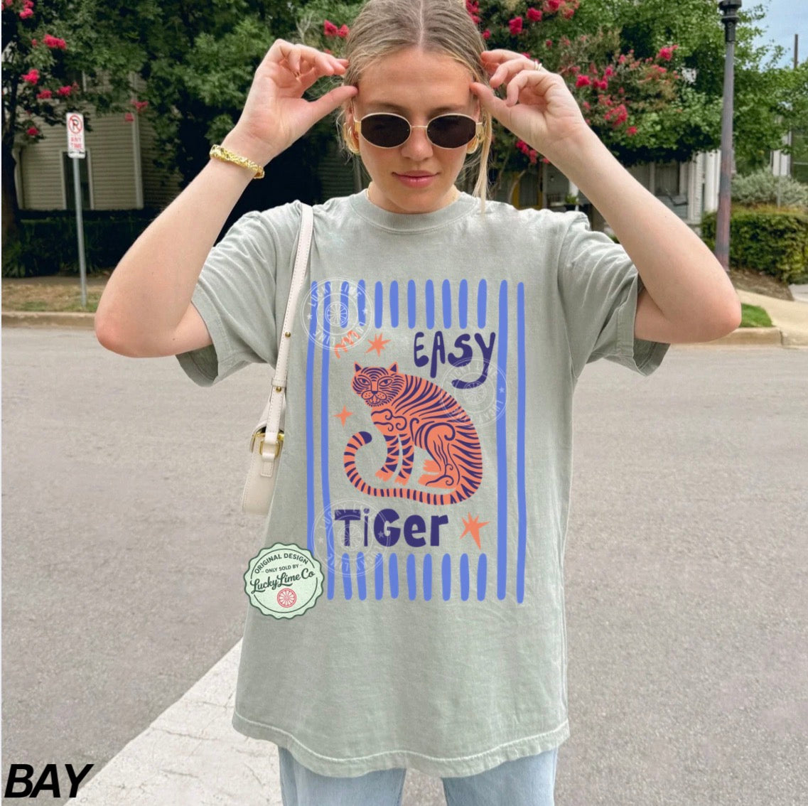 Person wearing a t-shirt with 'Easy Tiger' design outdoors