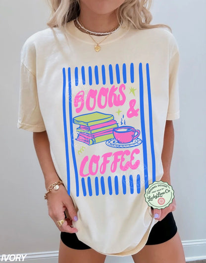 Person wearing a t-shirt with 'Books & Coffee' design and holding a product labeled 'Ivory'.