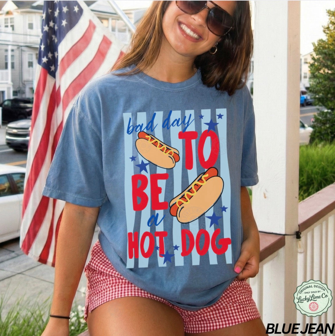 Person wearing a blue t-shirt with a hot dog graphic and text, standing in front of an American flag.