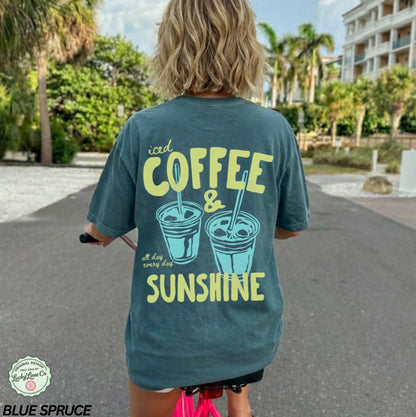 Iced Coffee and Sunshine Blue/Green Front and Back Design T-shirt
