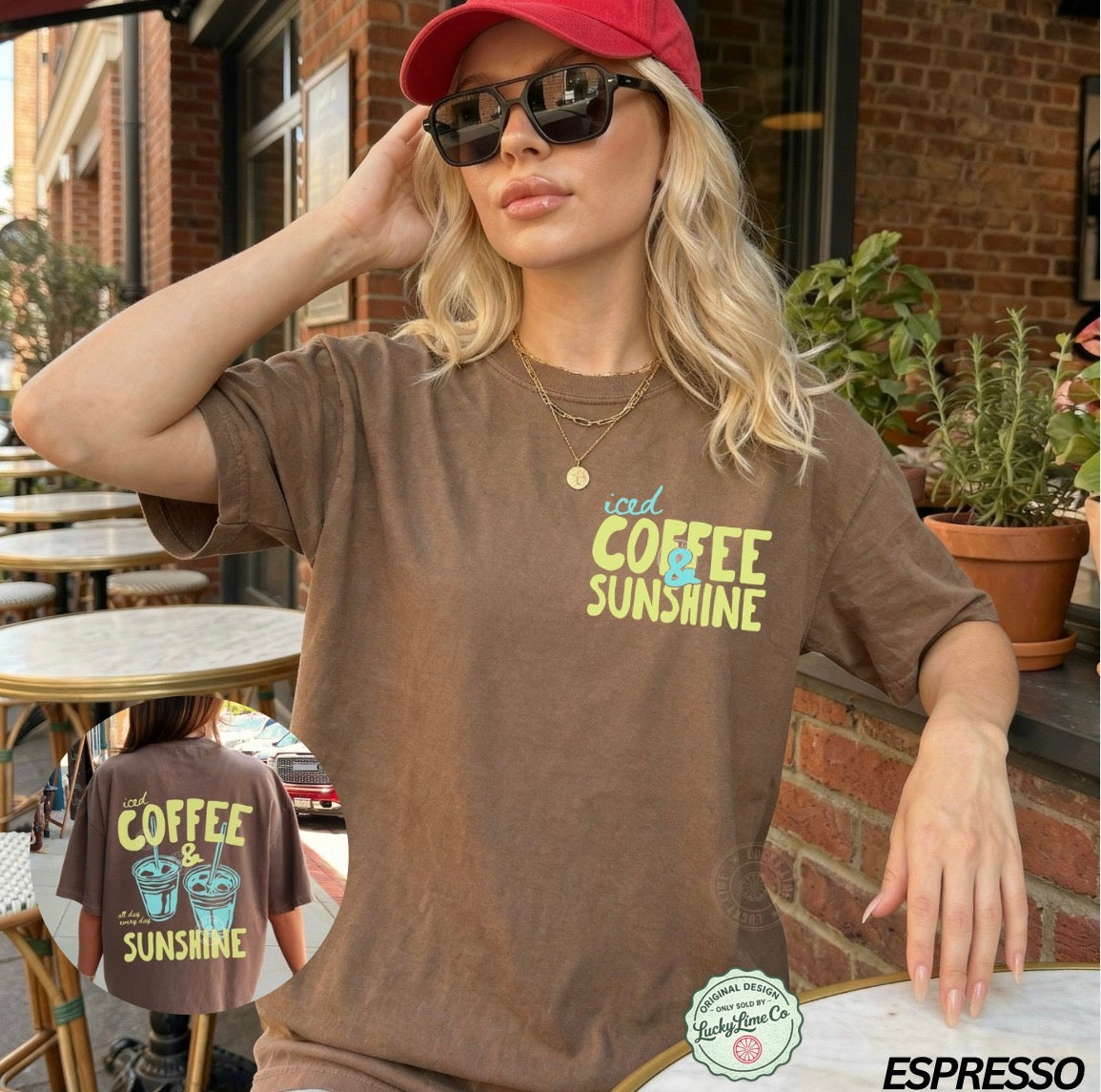 Woman wearing a brown t-shirt with 'iced coffee sunshine' text, sitting outdoors.