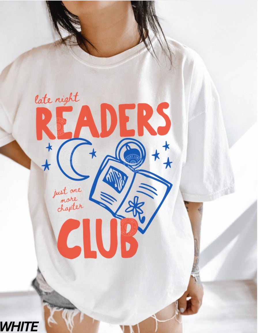 White t-shirt with 'Late Night Readers Club' design on a white background