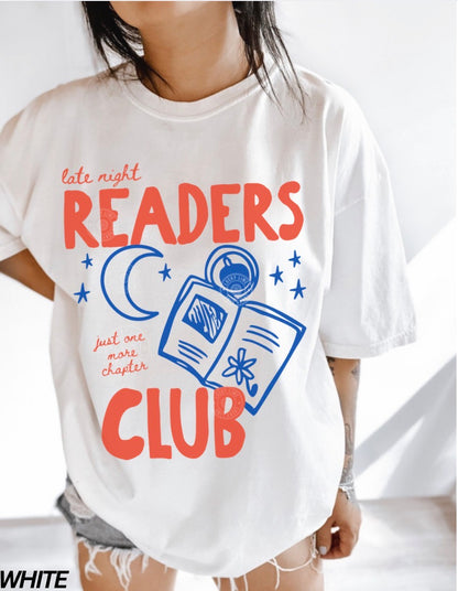 White t-shirt with 'Late Night Readers Club' design on a white background