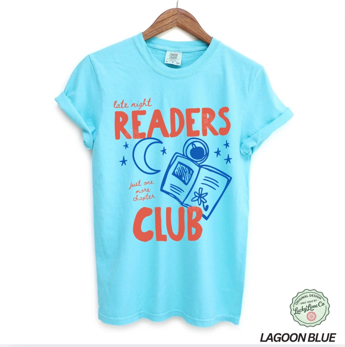 Light blue t-shirt with 'Late night readers club' design on a hanger