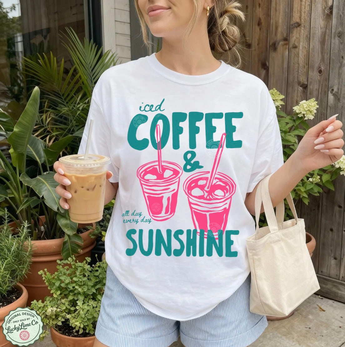 Girl wearing a white shirt with “iced coffee and sunshine’ graphic