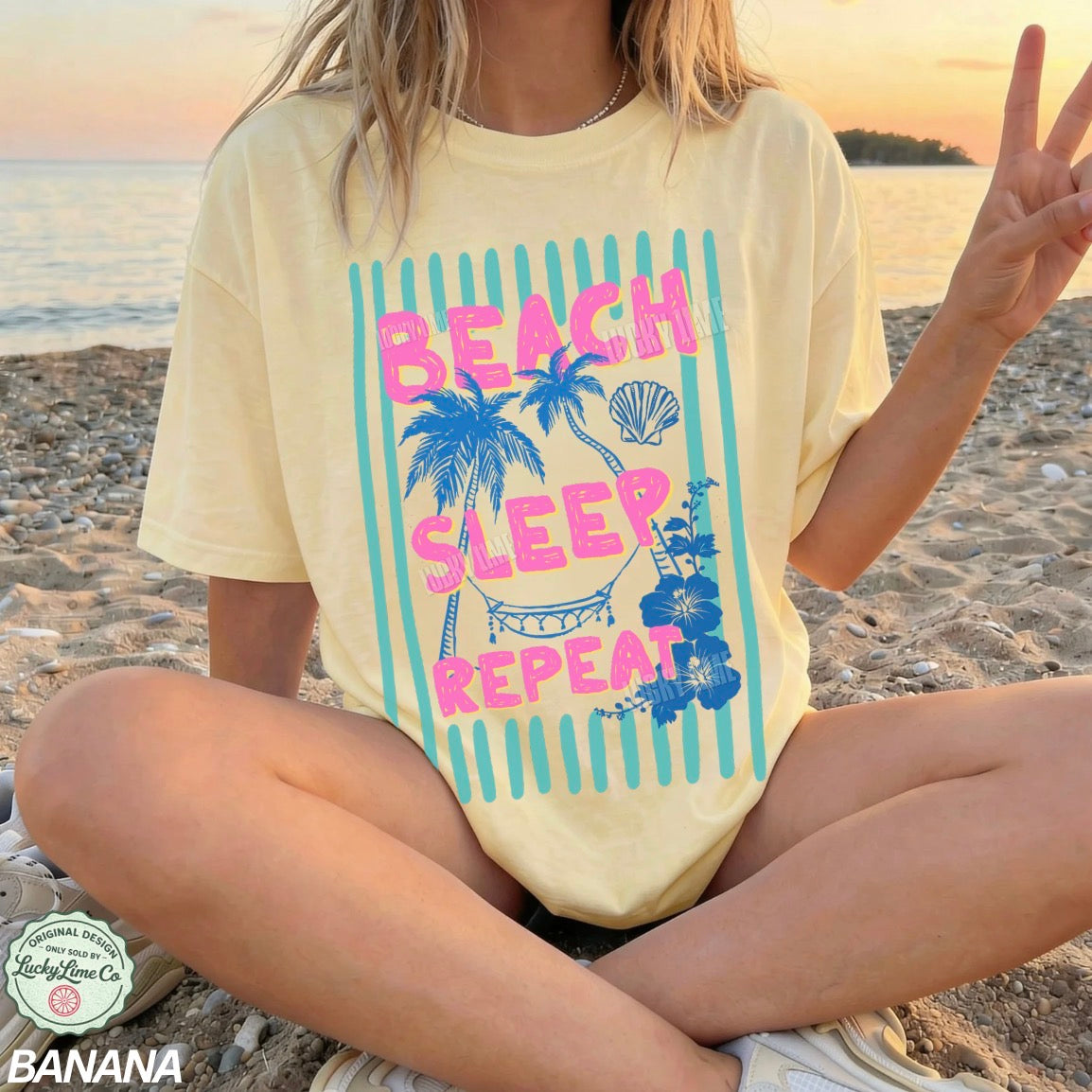 Person wearing a 'Beach Sleep Repeat' t-shirt on a beach