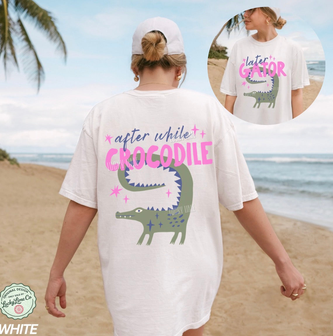 Person wearing a white t-shirt with a crocodile graphic and text on a beach.