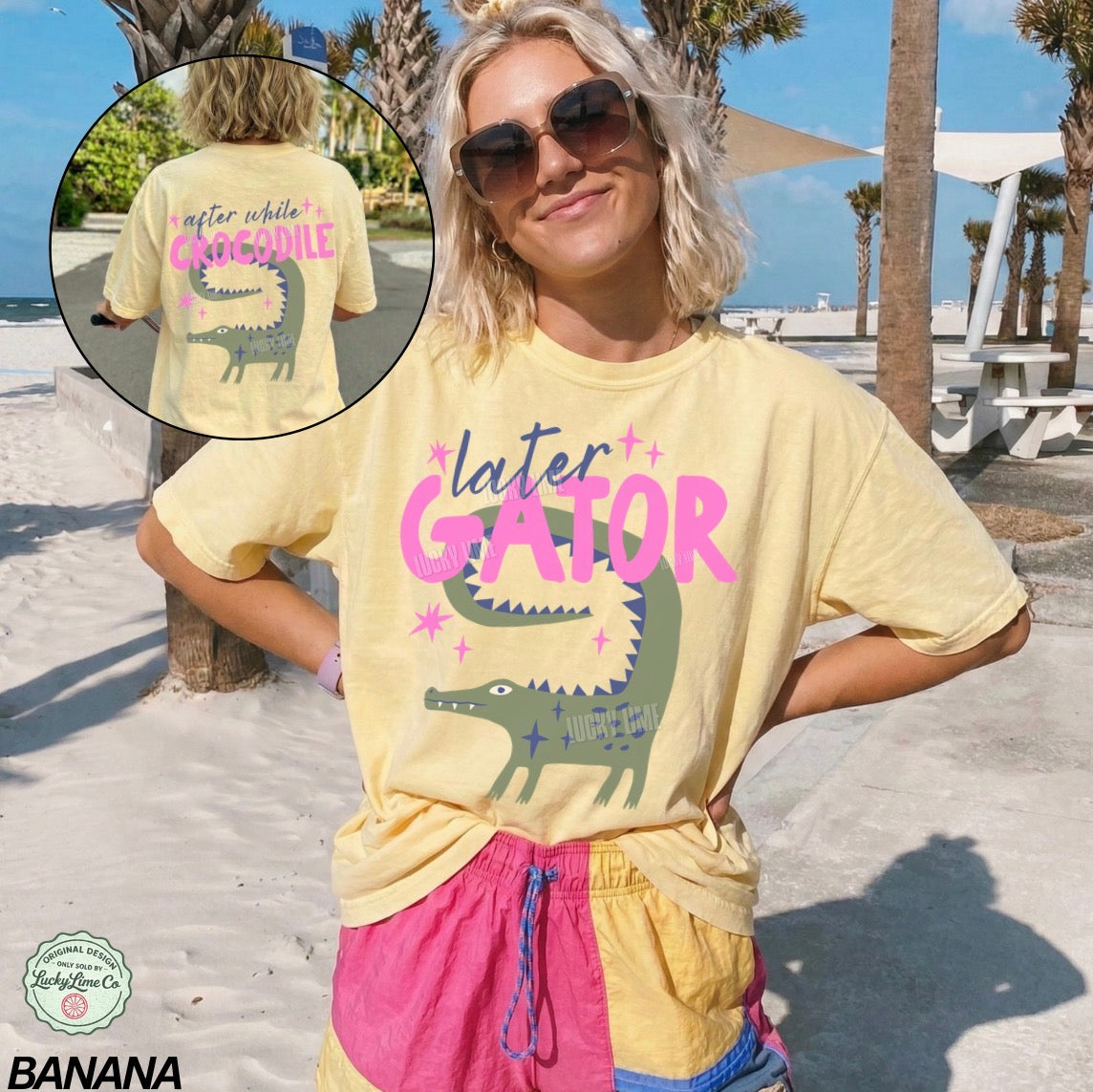 Person wearing a yellow 'Later Gator' t-shirt with a graphic of a gator on a beach.
