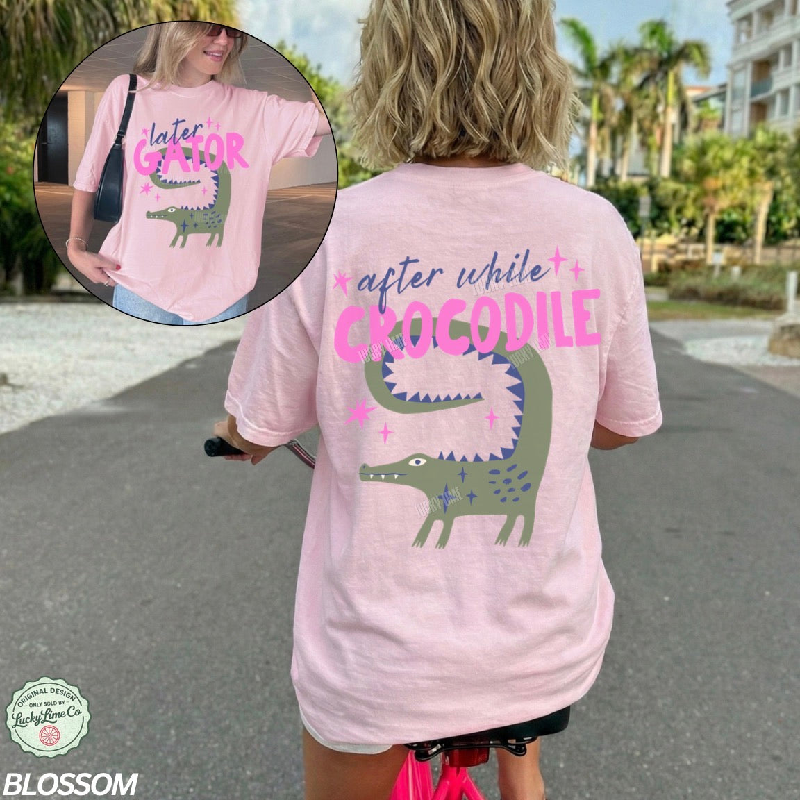 Person wearing a pink t-shirt with a crocodile graphic and text, standing outdoors.